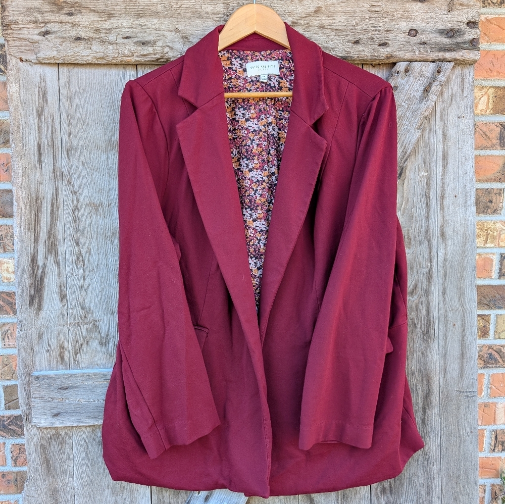 Skies Are Blue Burgundy Open-Front Blazer with Floral Lining